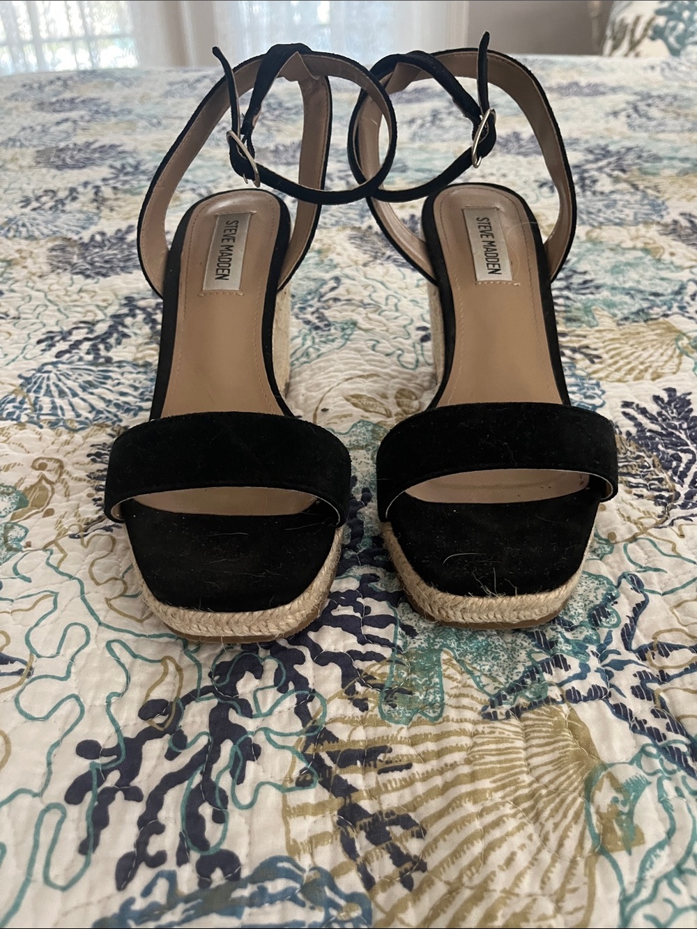 Steve Madden Black Ankle Strap Jute Wedge Sandals Size 8